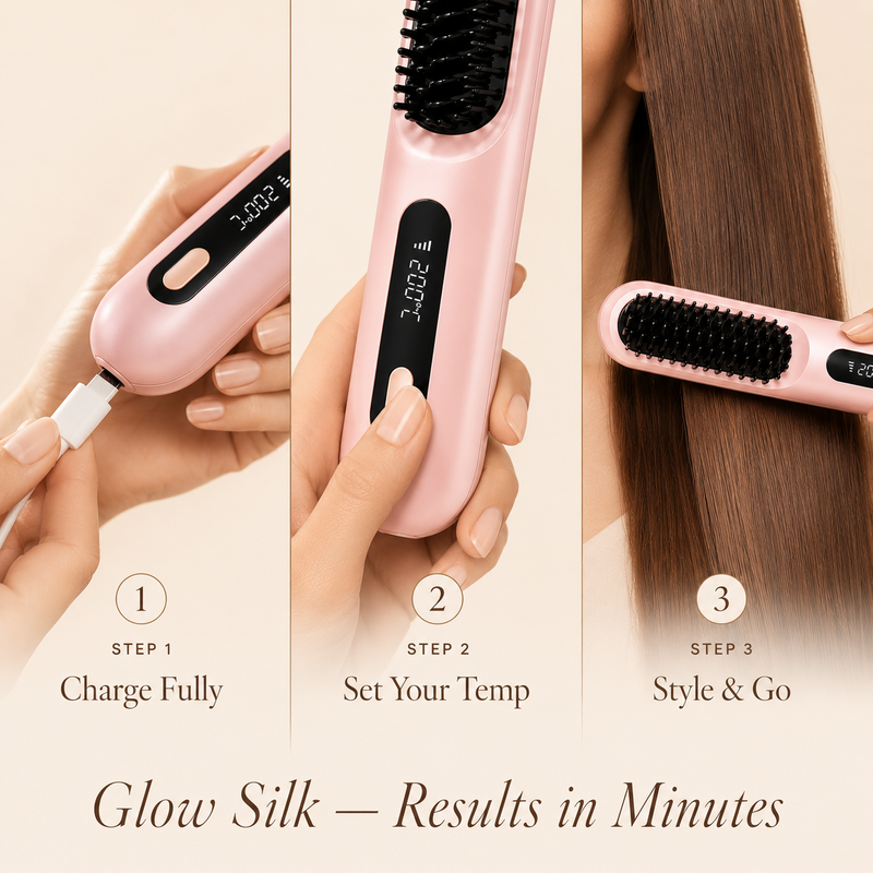 Person using Glow Silk heated brush